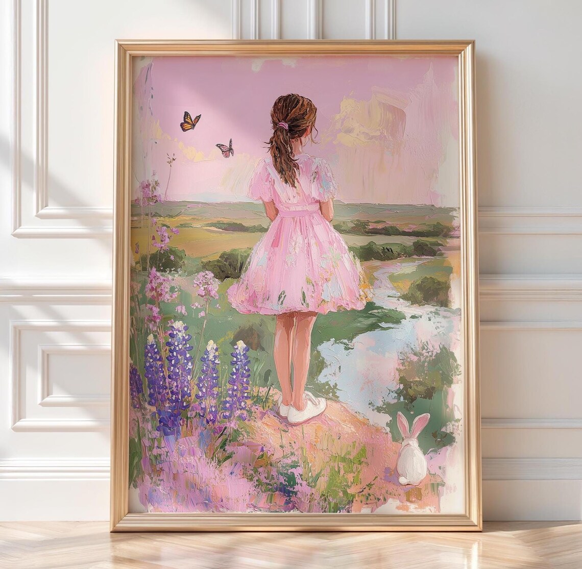 Girl With Bunny in Wildflower Field Pastel Spring Painting Poster