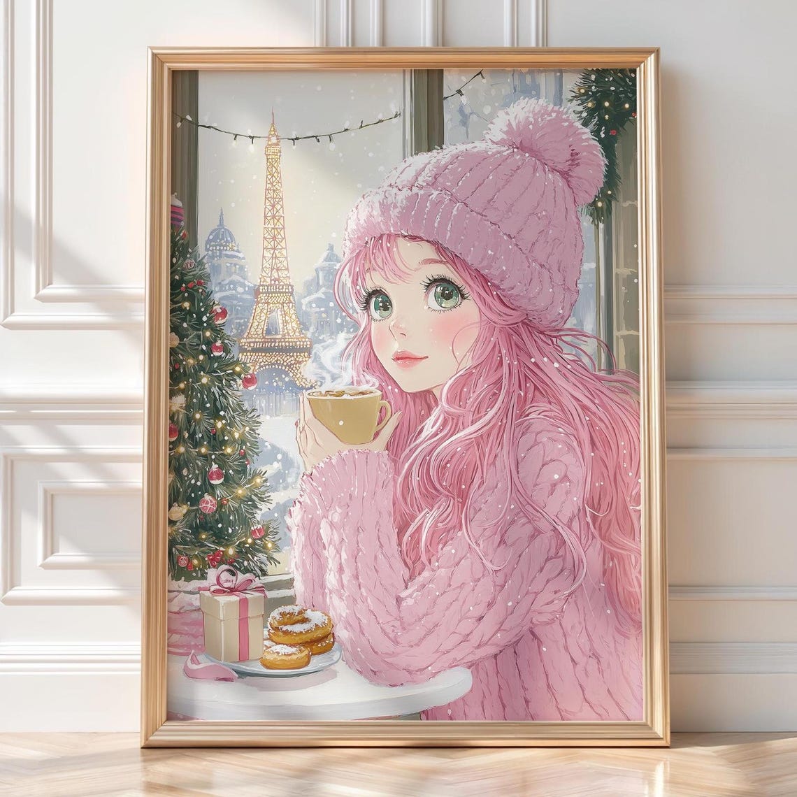 Cozy Pink Christmas Anime Girl Eiffel Tower Snow Cocoa Art Poster