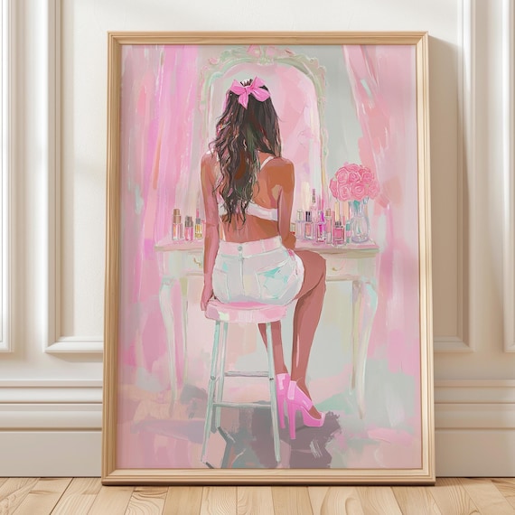 Coquette Vanity Girl Makeup Room Art Print Pink Feminine Fashion Decor