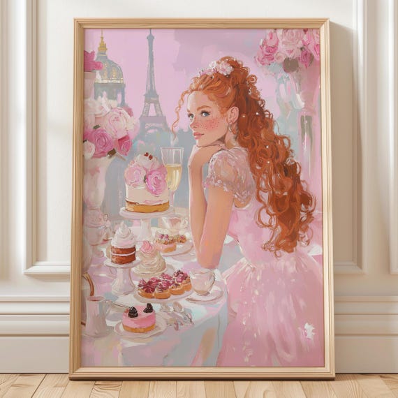 Redhead Woman Paris Wall Art With Eiffel Tower Pink Dress Pastry Illustration Romantic Parisian Girl Decor