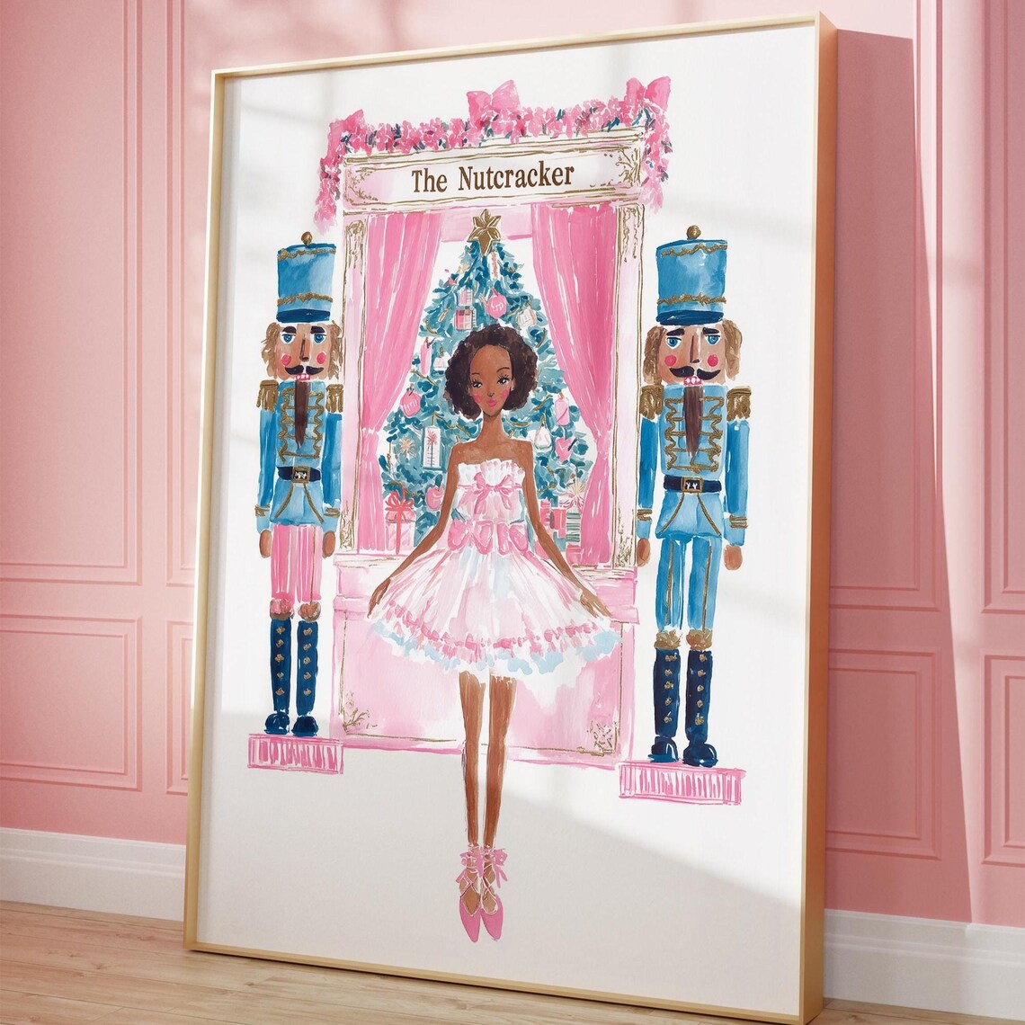 Pink Nutcracker Black Ballerina Art Print, Coquette
