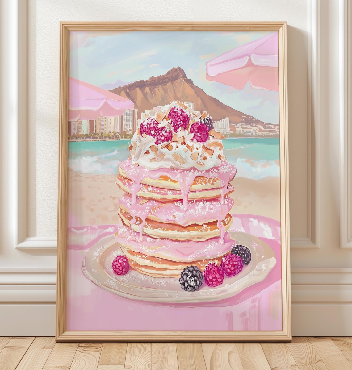 Pink Pancakes With Berries Waikiki Beach Diamond Head Hawaii Art Poster