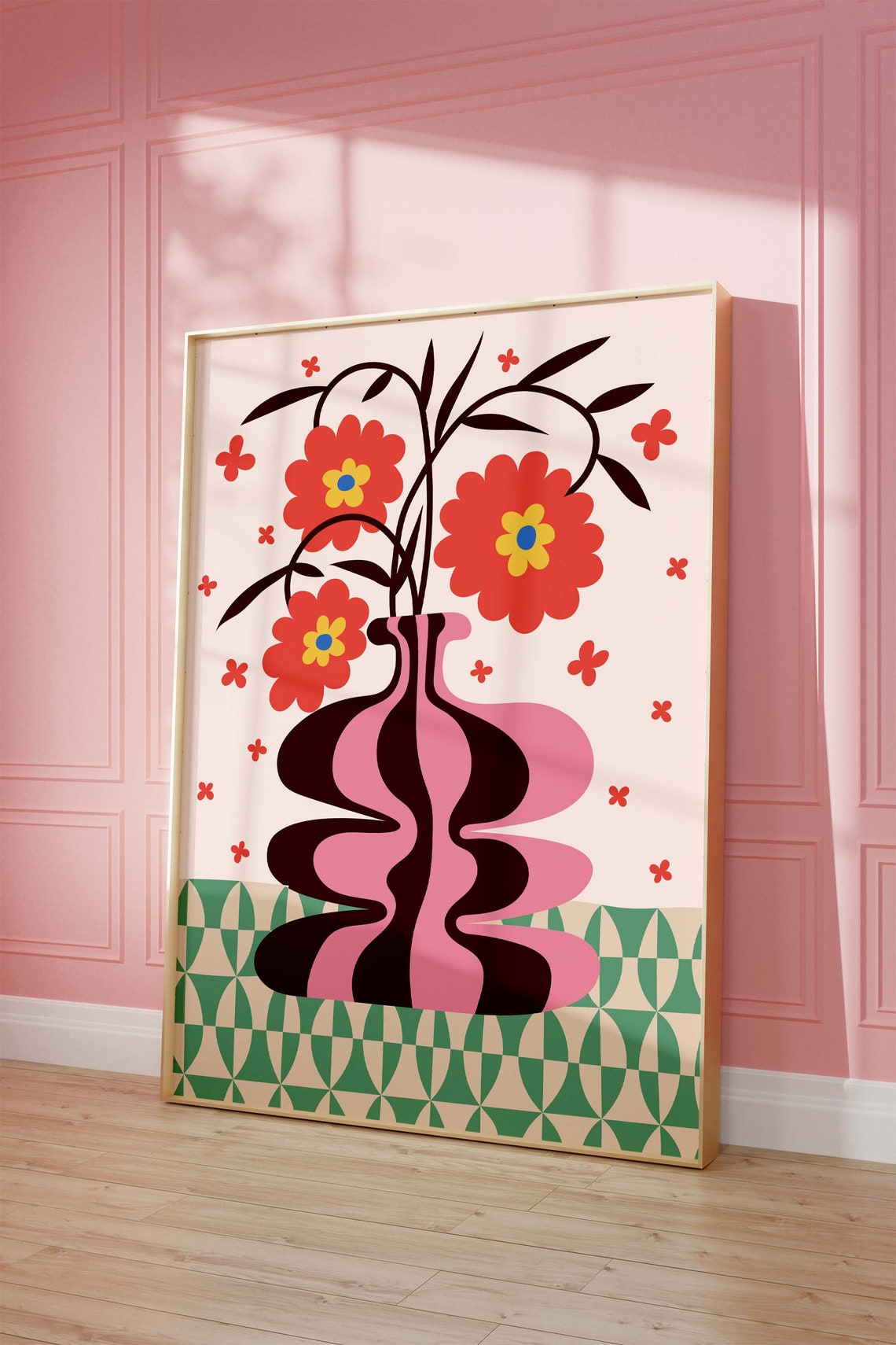 Retro Abstract Floral Vase Wavy Pink Red Flowers Modern Art Print