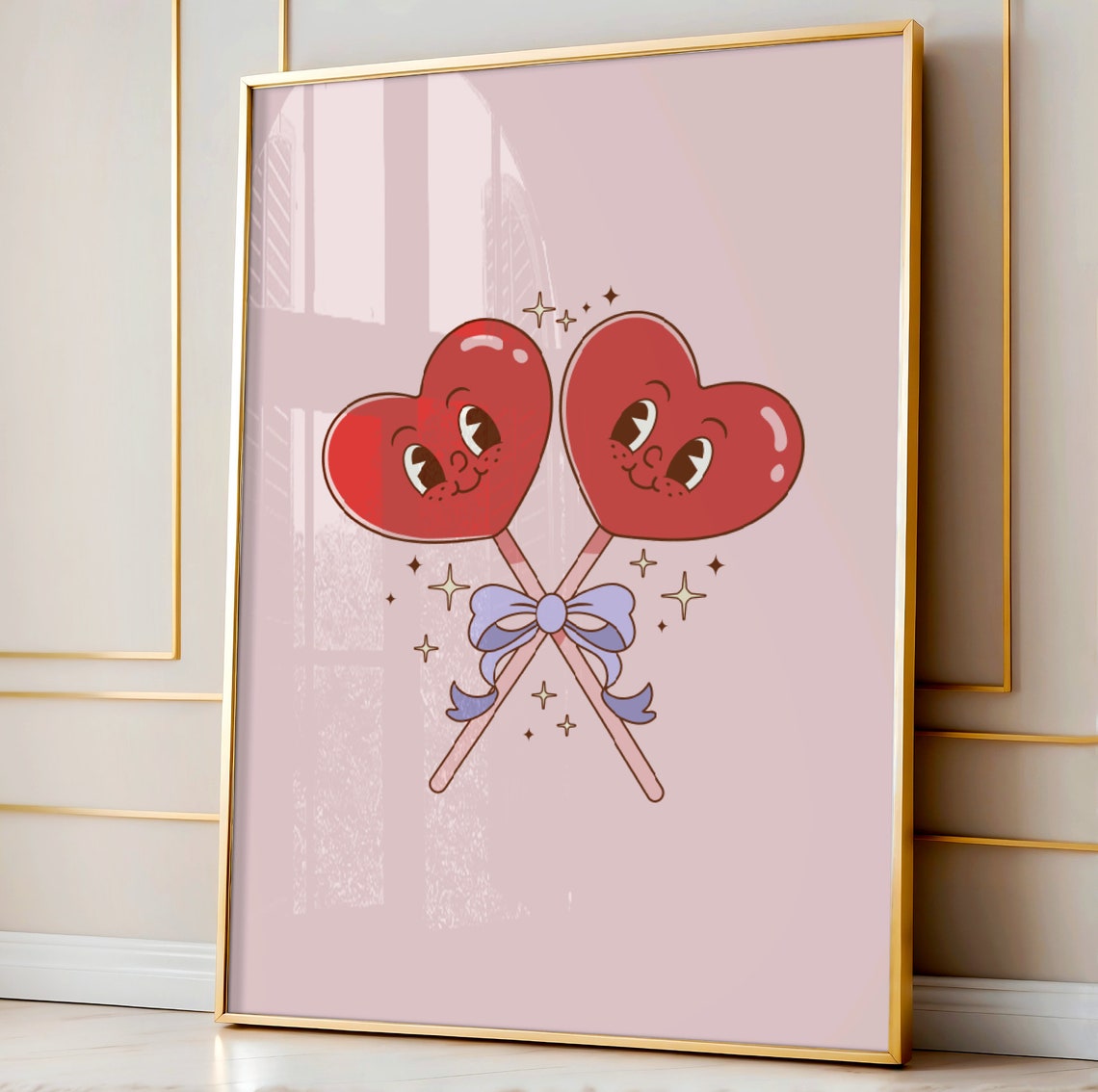 Pink Heart Lollipop Faces Bow Sparkle Retro Cartoon Poster Art