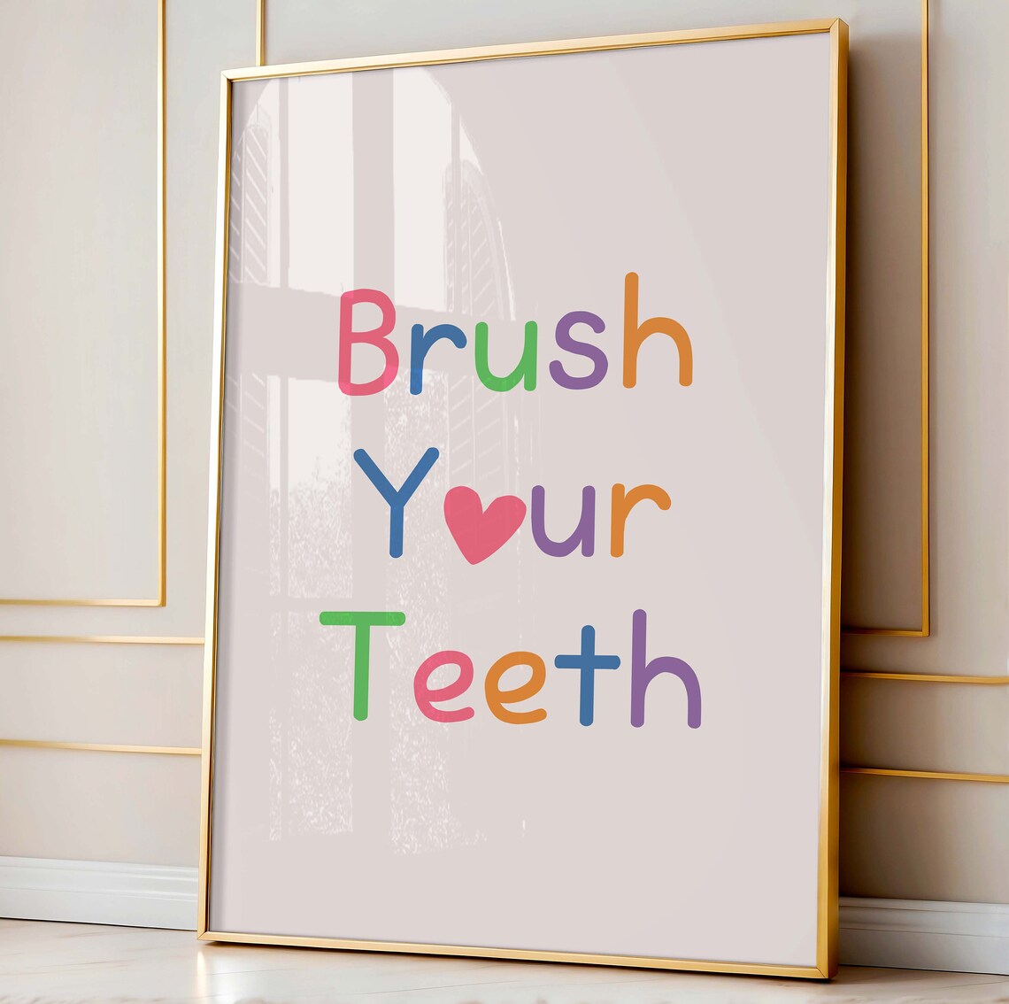 Brush Your Teeth Colorful Kids Bathroom Poster with Playful Heart Lettering