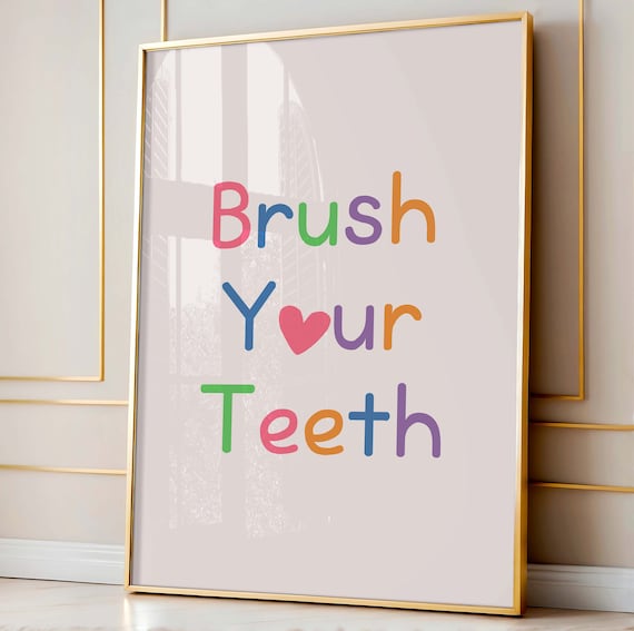 Brush Your Teeth Colorful Kids Bathroom Poster with Playful Heart Lettering
