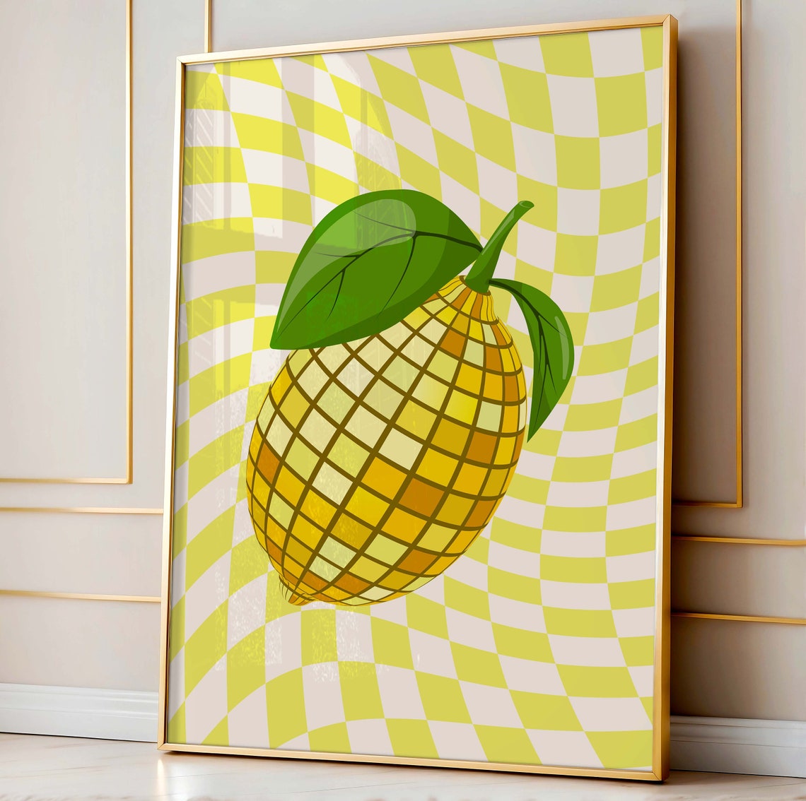 Disco Ball Lemon Wavy Checkerboard Trendy Kitchen Party Poster