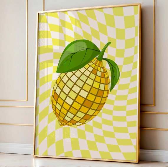 Lemon Disco Print Trendy Funky Wall Art Ball Decor Fruit Y2k Poster College Apartment Preppy