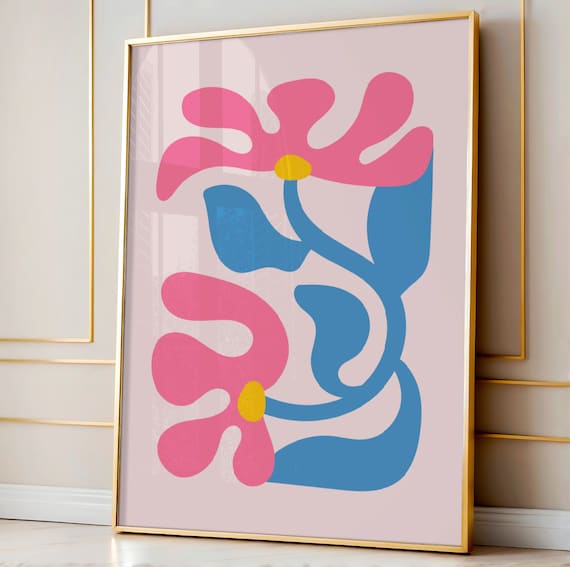 Bold Pink and Blue Abstract Blooming Flowers Modern Art Print