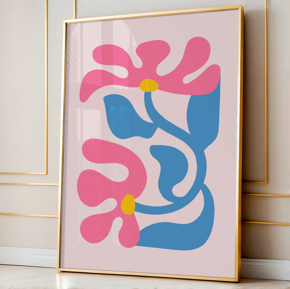 Bold Pink and Blue Abstract Blooming Flowers Modern Art Print