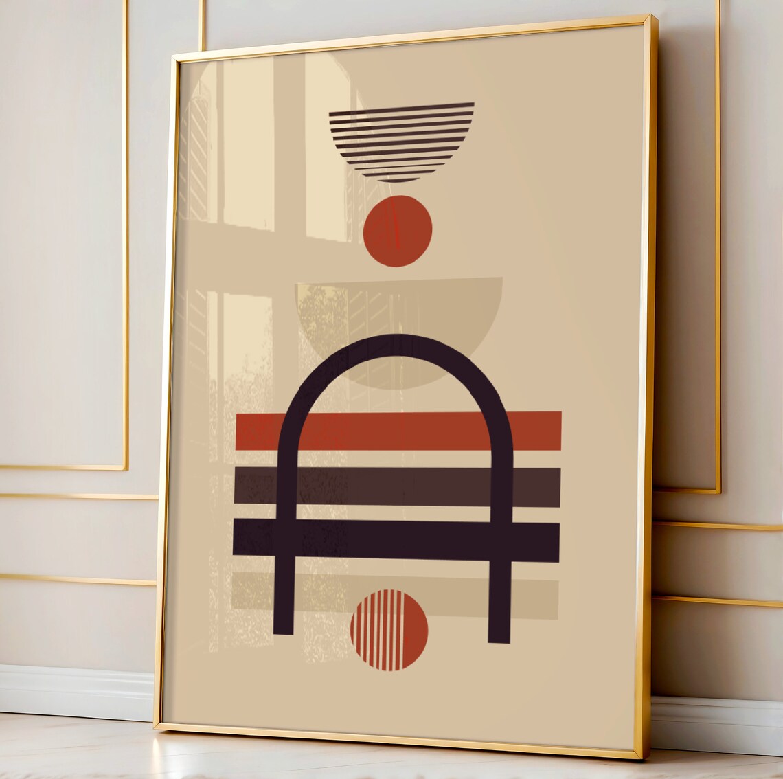Mid Century Modern Abstract Black Arch Over Terracotta Stripes Wall Art