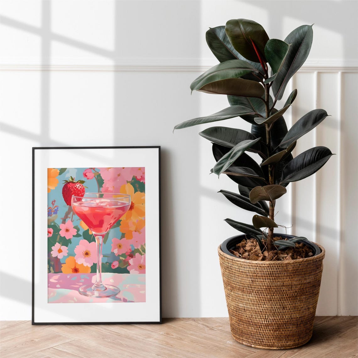 Strawberry Martini Cocktail Glass Bold Floral Summer Wall Art - Image 3