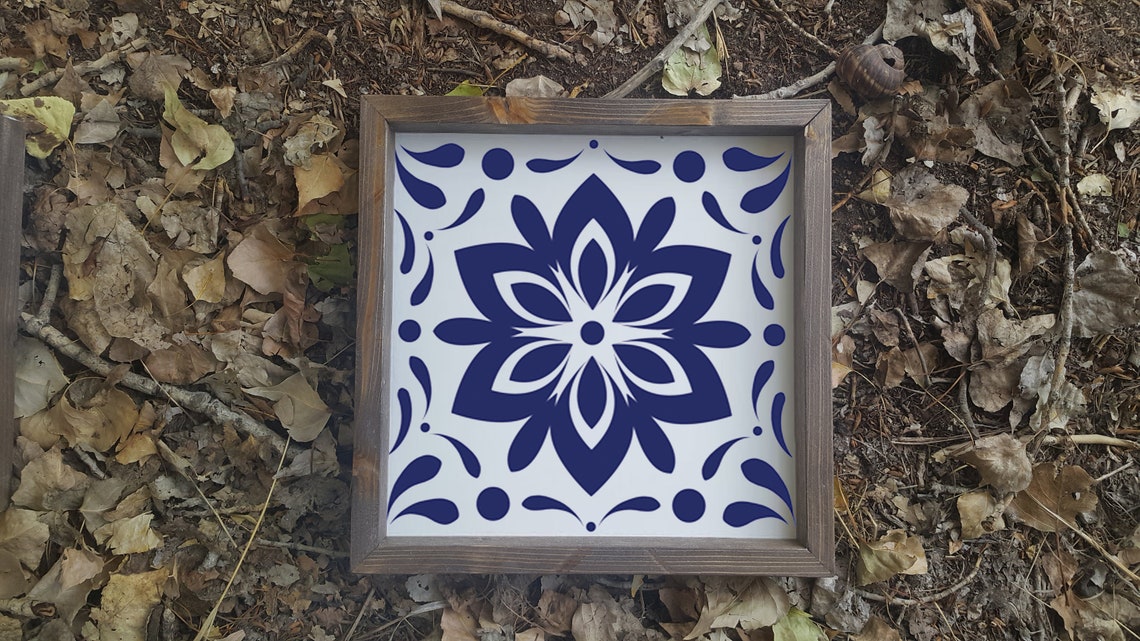 Navy Floral Mosaic Tile Wood Frame Rustic Farmhouse Style Poster
