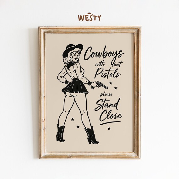 Cowgirl Short Pistols Stand Close Sassy Retro Western Bathroom Poster