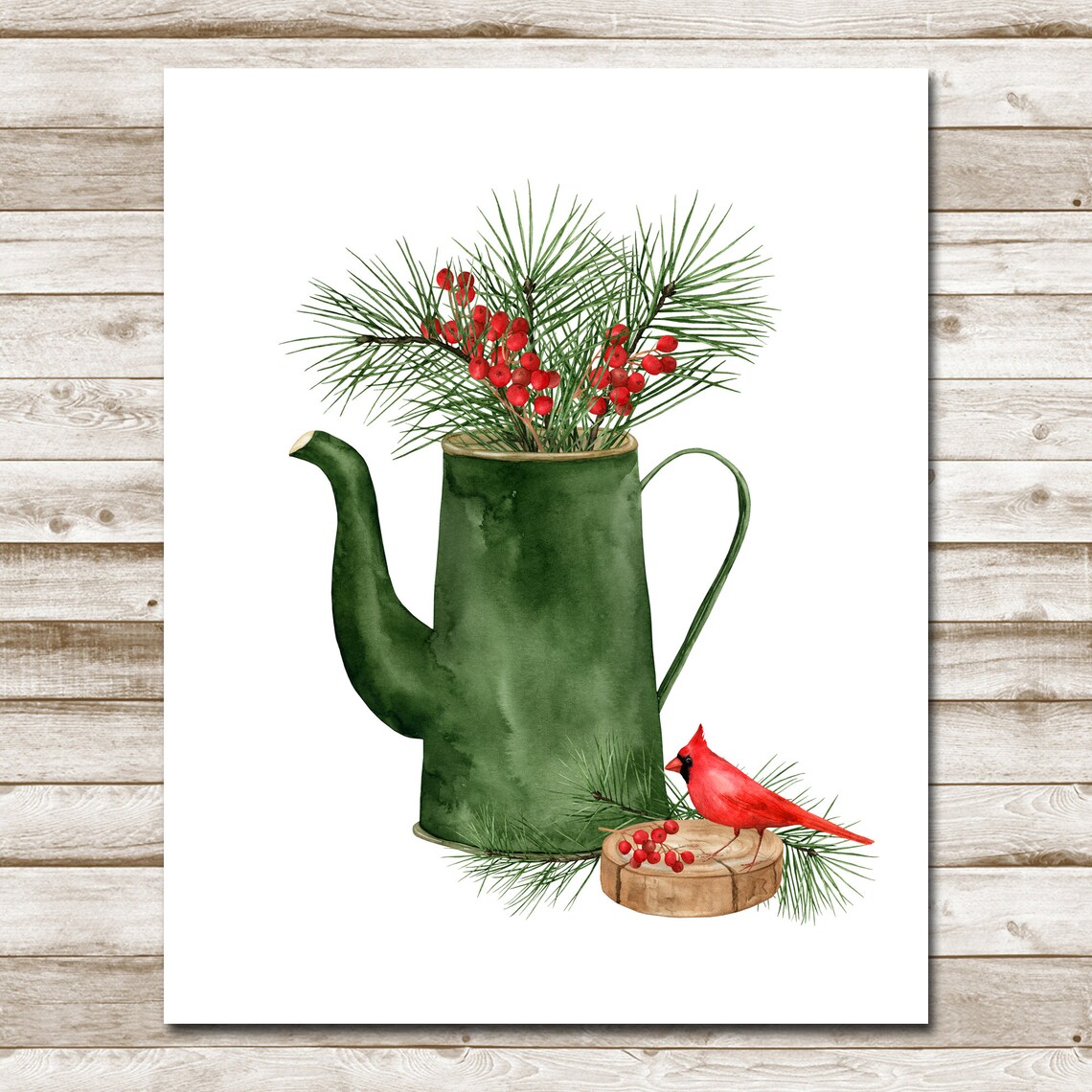 Green Coffee Pot Pine Berries Red Cardinal Winter Woodland Wall Art - Image 4
