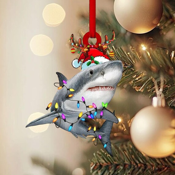 Shark Tangled In Christmas Lights With Santa Hat Funny Ornament Poster