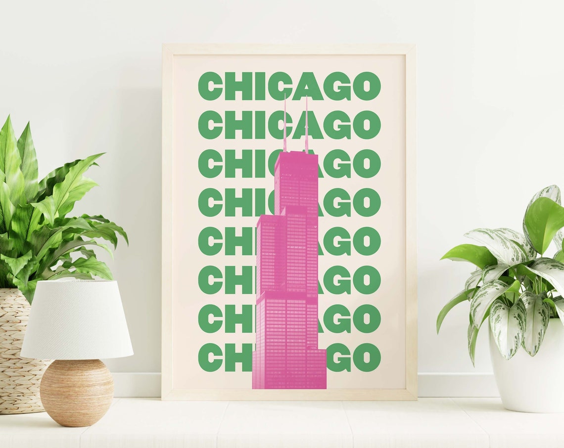 Chicago Willis Tower Pink Green Bold Skyline Graphic Art Poster