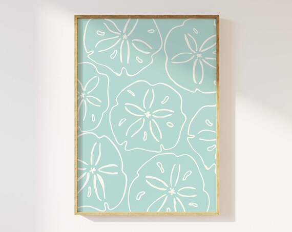 Mint Sand Dollar Pattern White Line Art Coastal Beach Poster