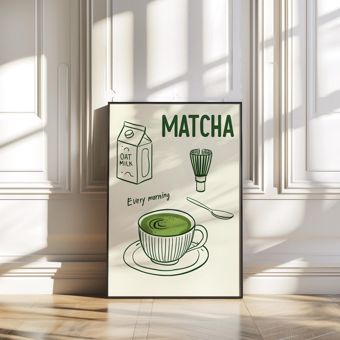 Matcha Every Morning Oat Milk Whisk Green Line Art Kitchen Poster