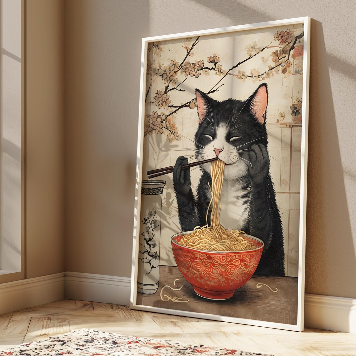 Black And White Cat Slurping Ramen Red Bowl Kawaii Art Poster - Image 5