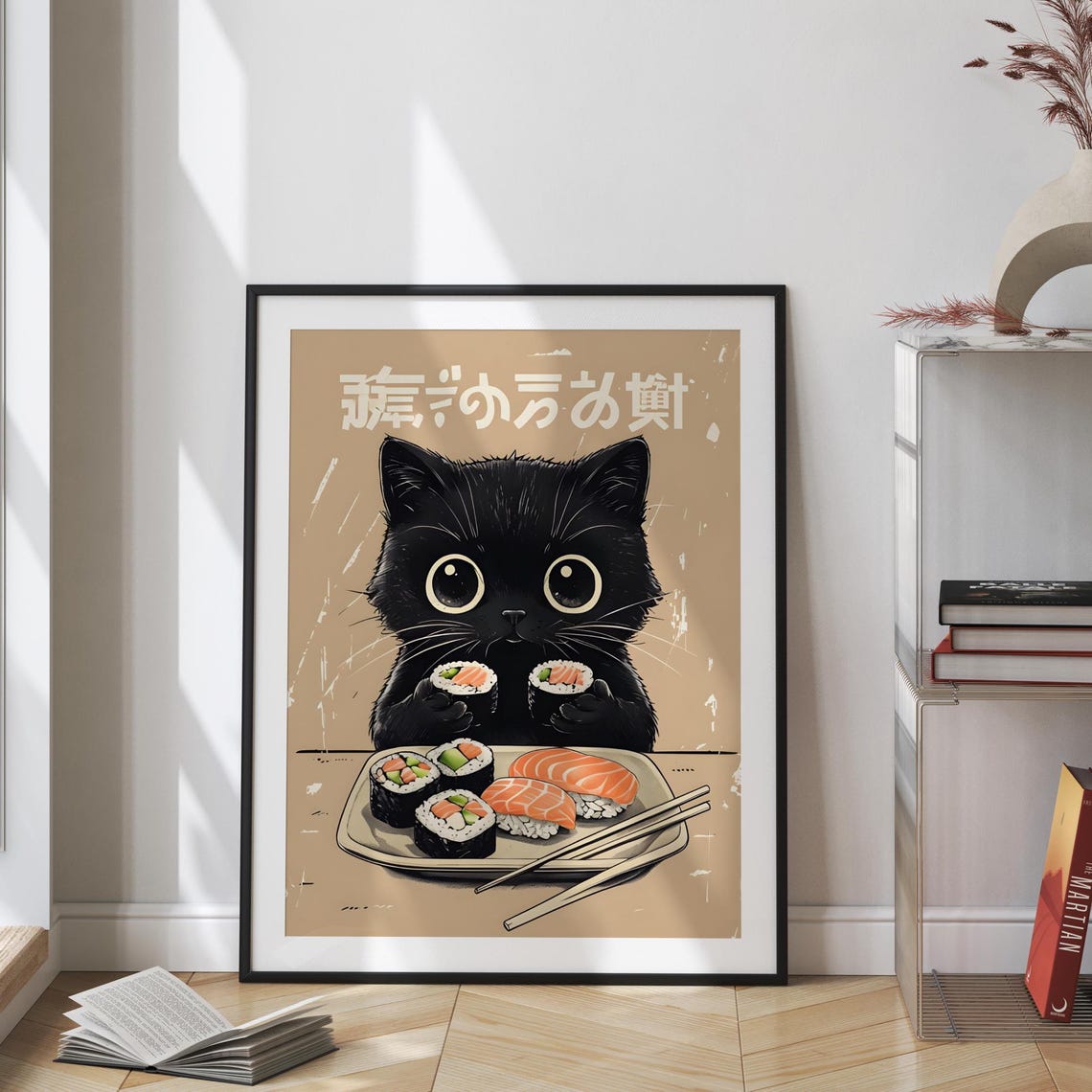 Black Kitten Eating Sushi Cute Kawaii Japanese Food Art Poster - Image 2