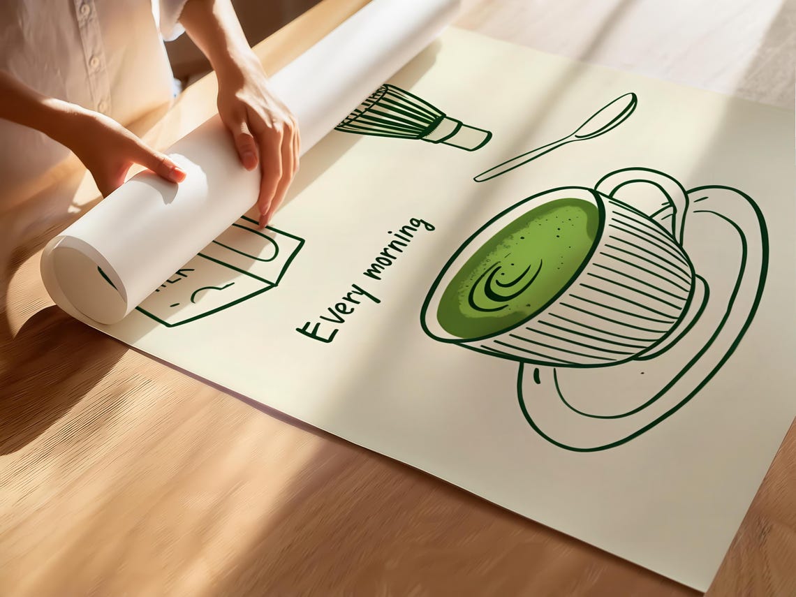 Matcha Every Morning Oat Milk Whisk Green Line Art Kitchen Poster - Image 2