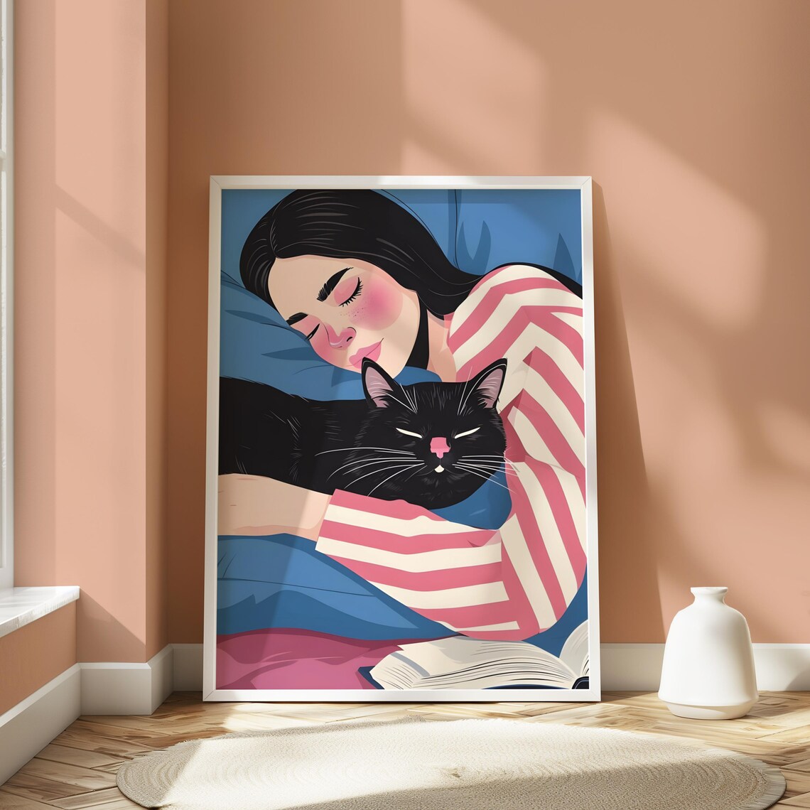 Woman Sleeping With Black Cat Blue Pink Japanese Style Art Poster - Image 4