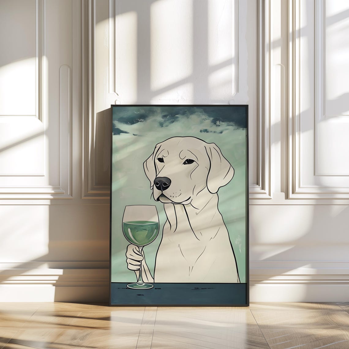 White Dog Holding Wine Glass Green Painted Funny Pet Art Poster