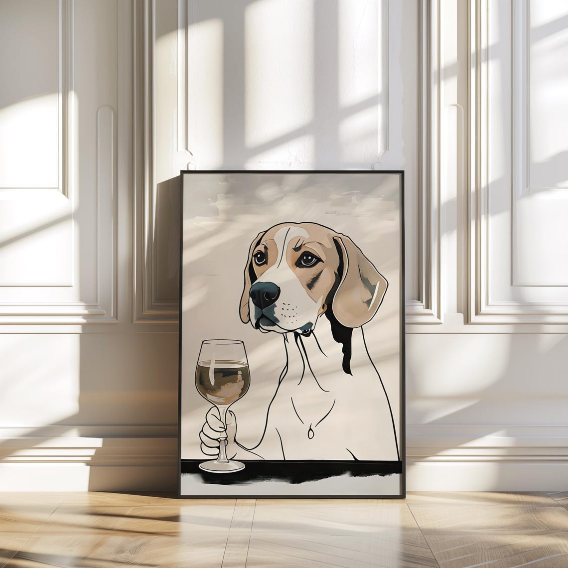 Beagle Dog Holding White Wine Glass Beige Painterly Pet Art Poster