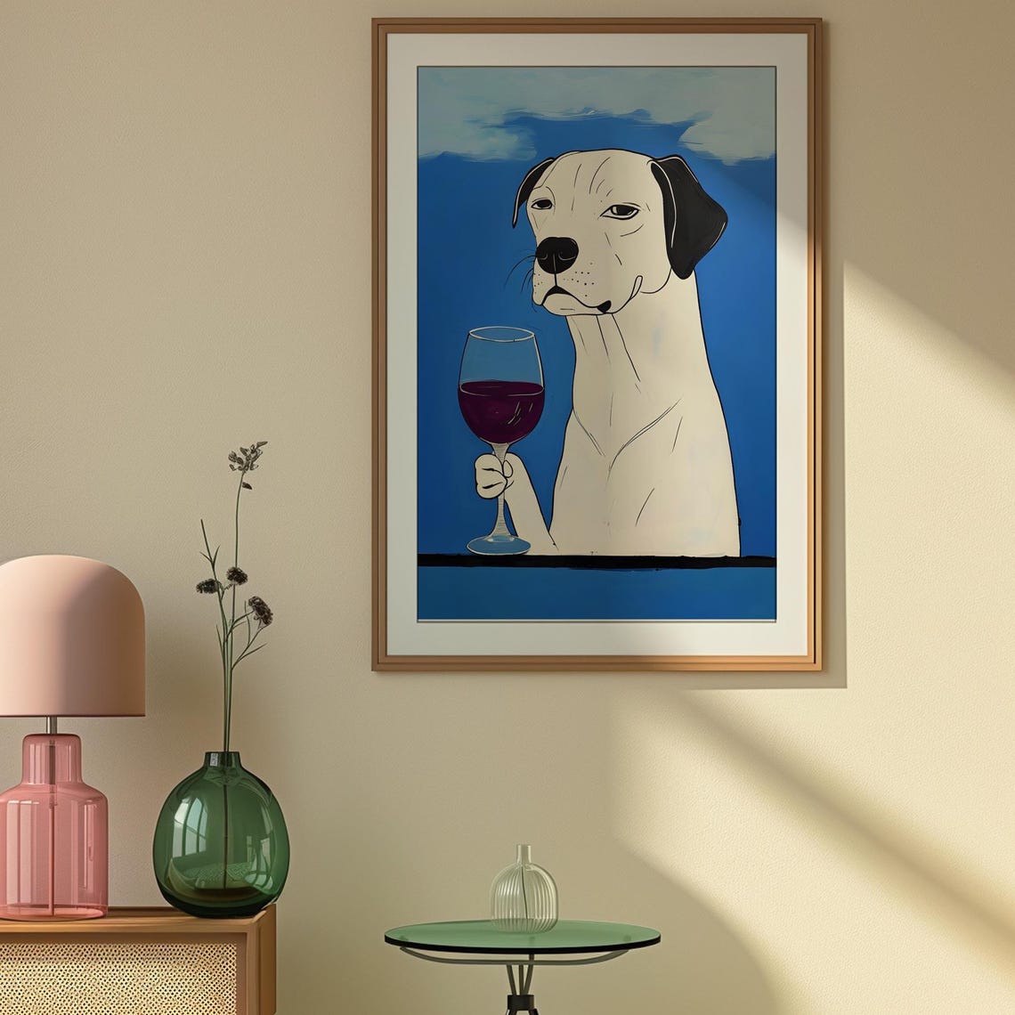 White Dog Red Wine Glass Vivid Blue Background Funny Pet Art Poster - Image 4