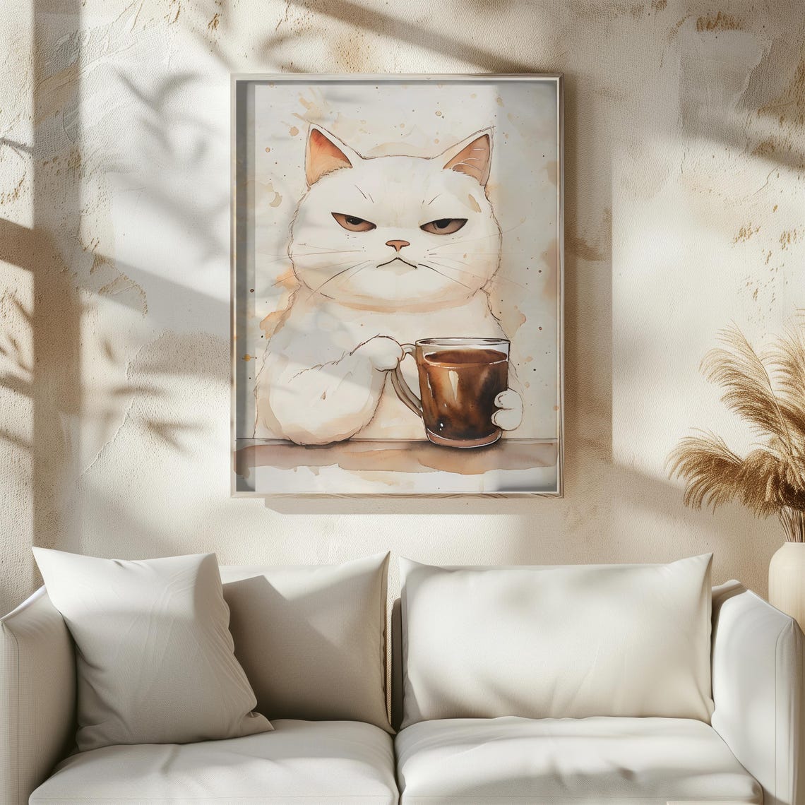 Grumpy White Cat Holding Coffee Cup Watercolor Funny Pet Art Poster - Image 2