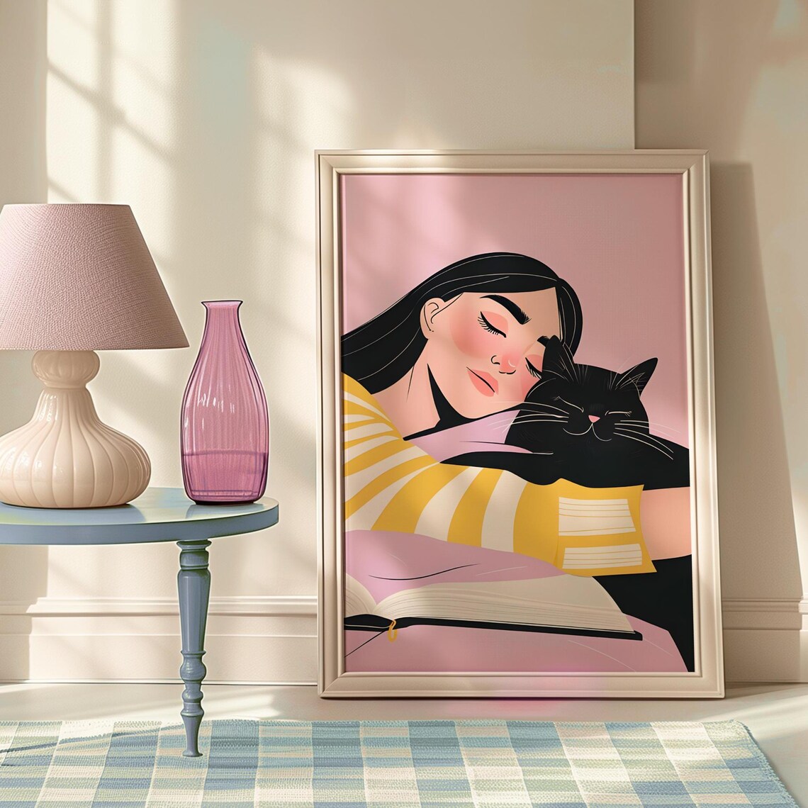 Black Cat Girl Reading With Book Pink Japanese Illustration Poster - Image 3