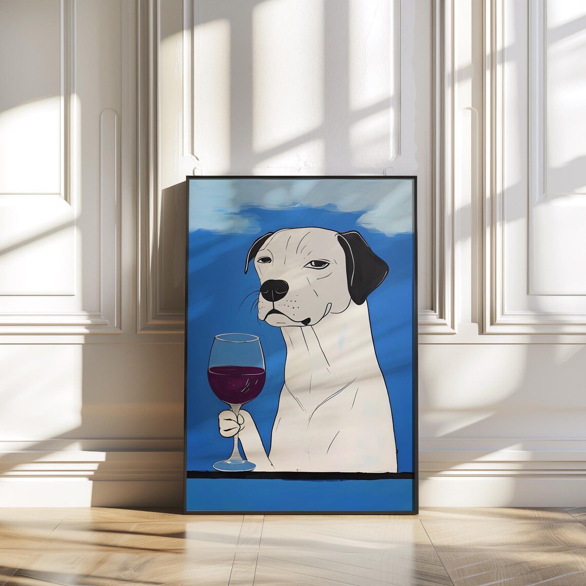 White Dog Red Wine Glass Vivid Blue Background Funny Pet Art Poster