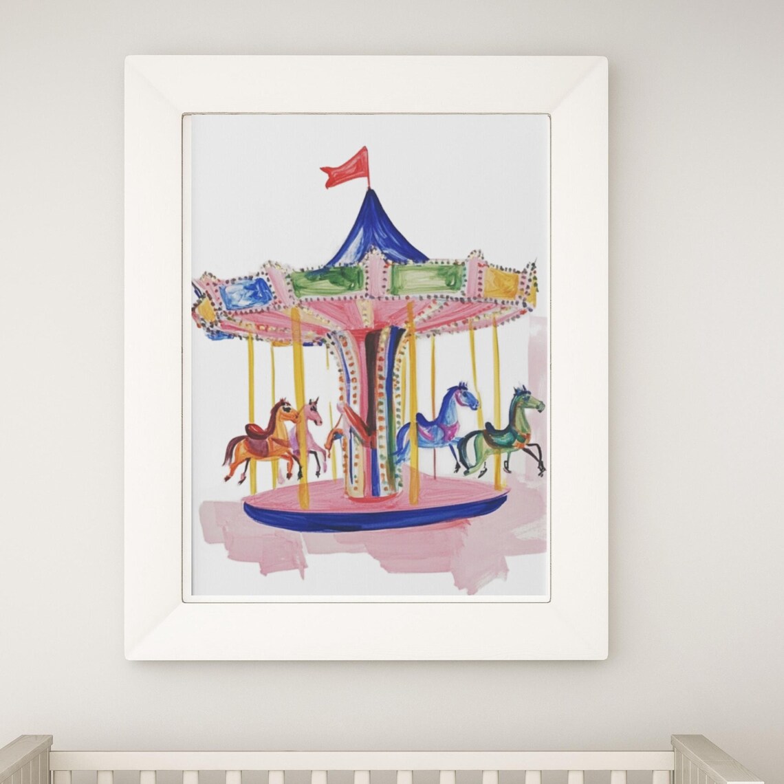 Colorful Watercolor Carousel With Horses Kids Room Nursery Poster