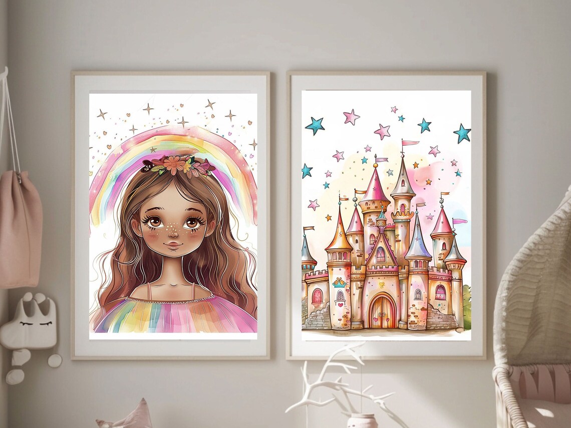 Rainbow Princess Girl and Pink Castle Watercolor Set of 2 Poster - Image 2