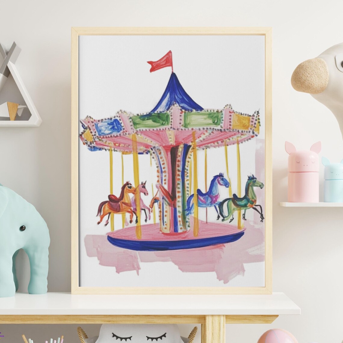 Colorful Watercolor Carousel With Horses Kids Room Nursery Poster - Image 2