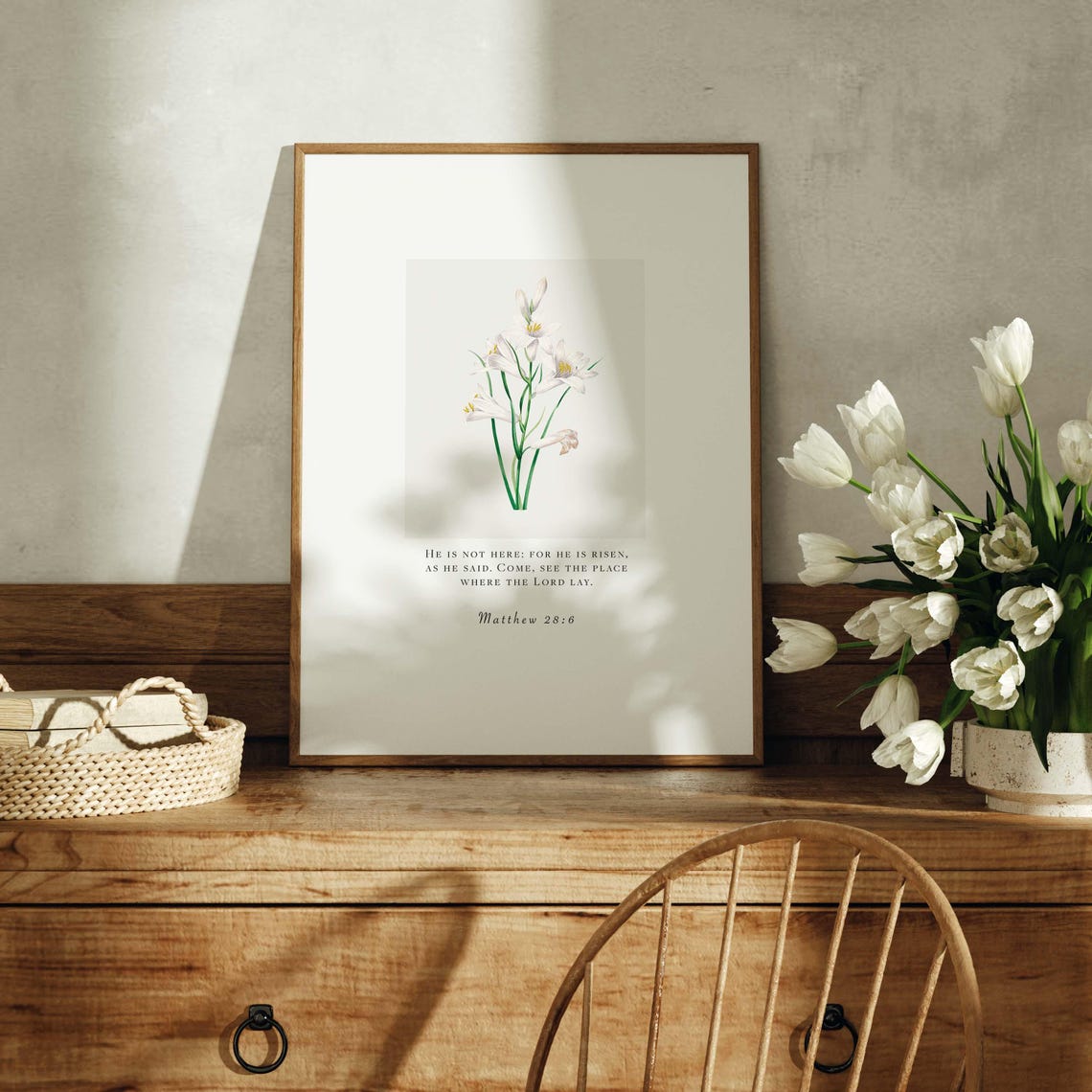 He Is Risen Botanical Wall Art Matthew 286 Vintage Christian Easter Home Decor Resurrection Bible Verse Neutral Floral Poster - Image 5