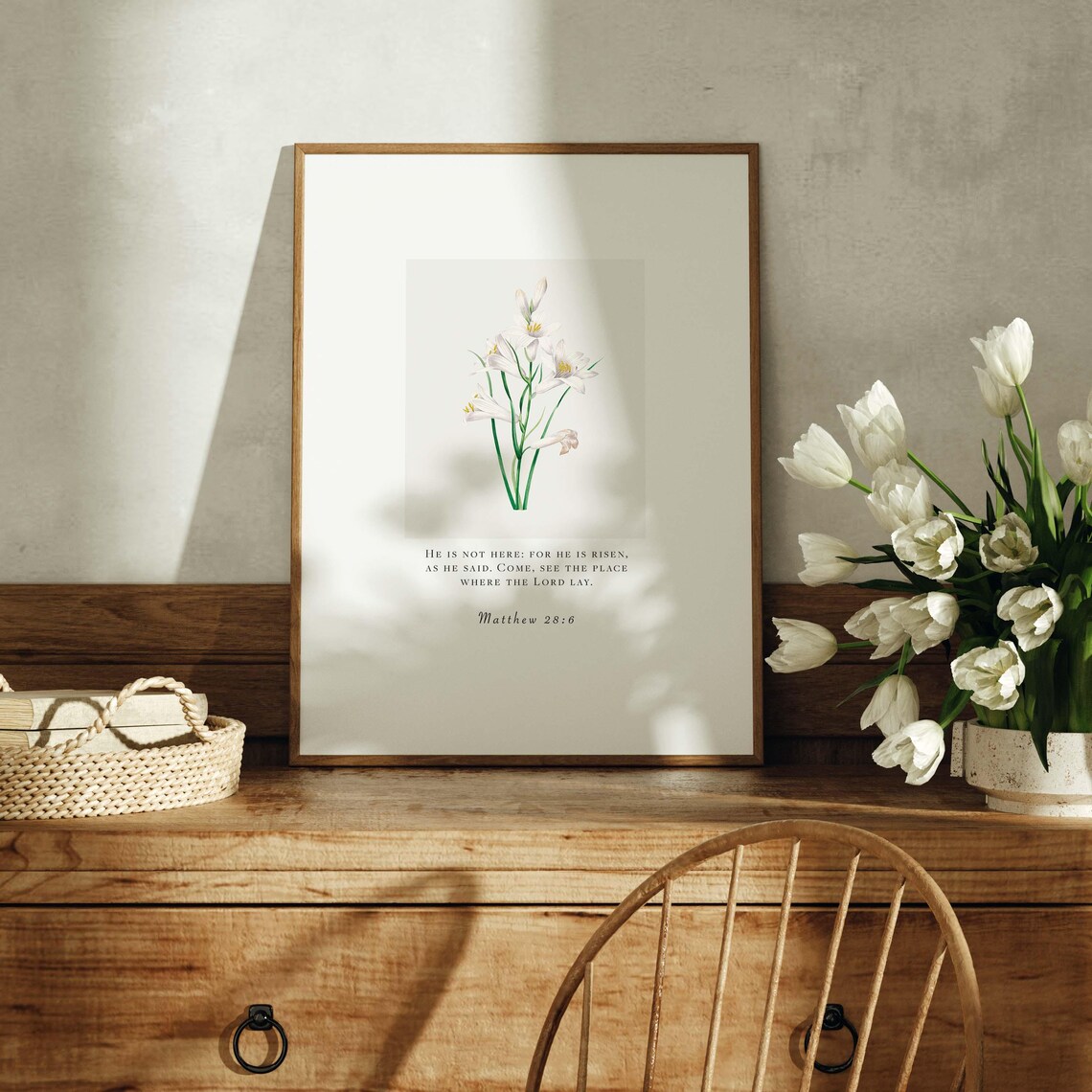 Matthew 28:6 He Is Risen White Lilies Botanical Easter Scripture Poster - Image 5