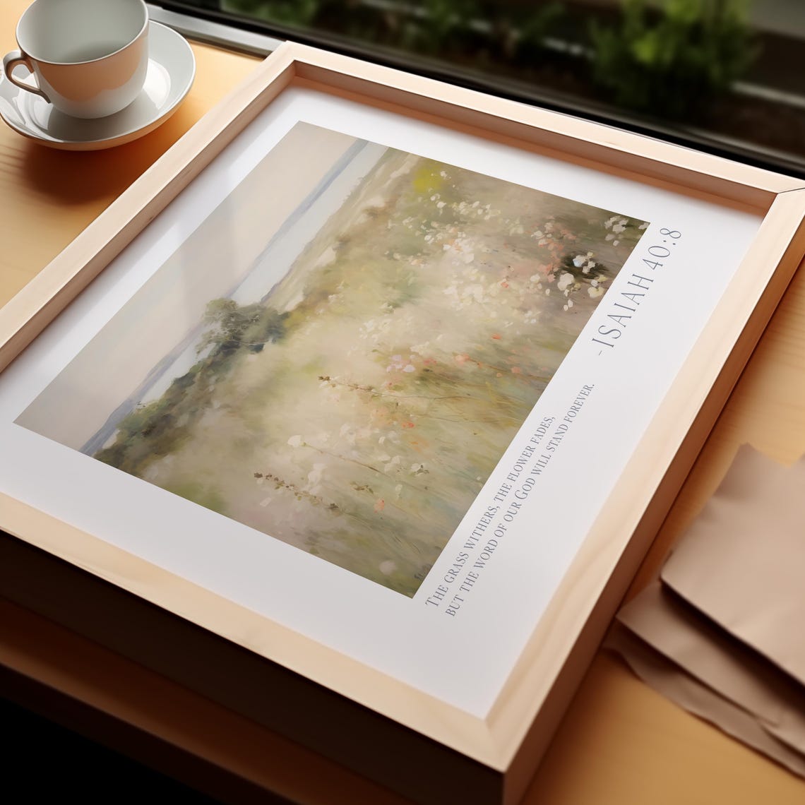 Isaiah 40:8 The Grass Withers Wildflower Meadow Misty Landscape Poster - Image 5