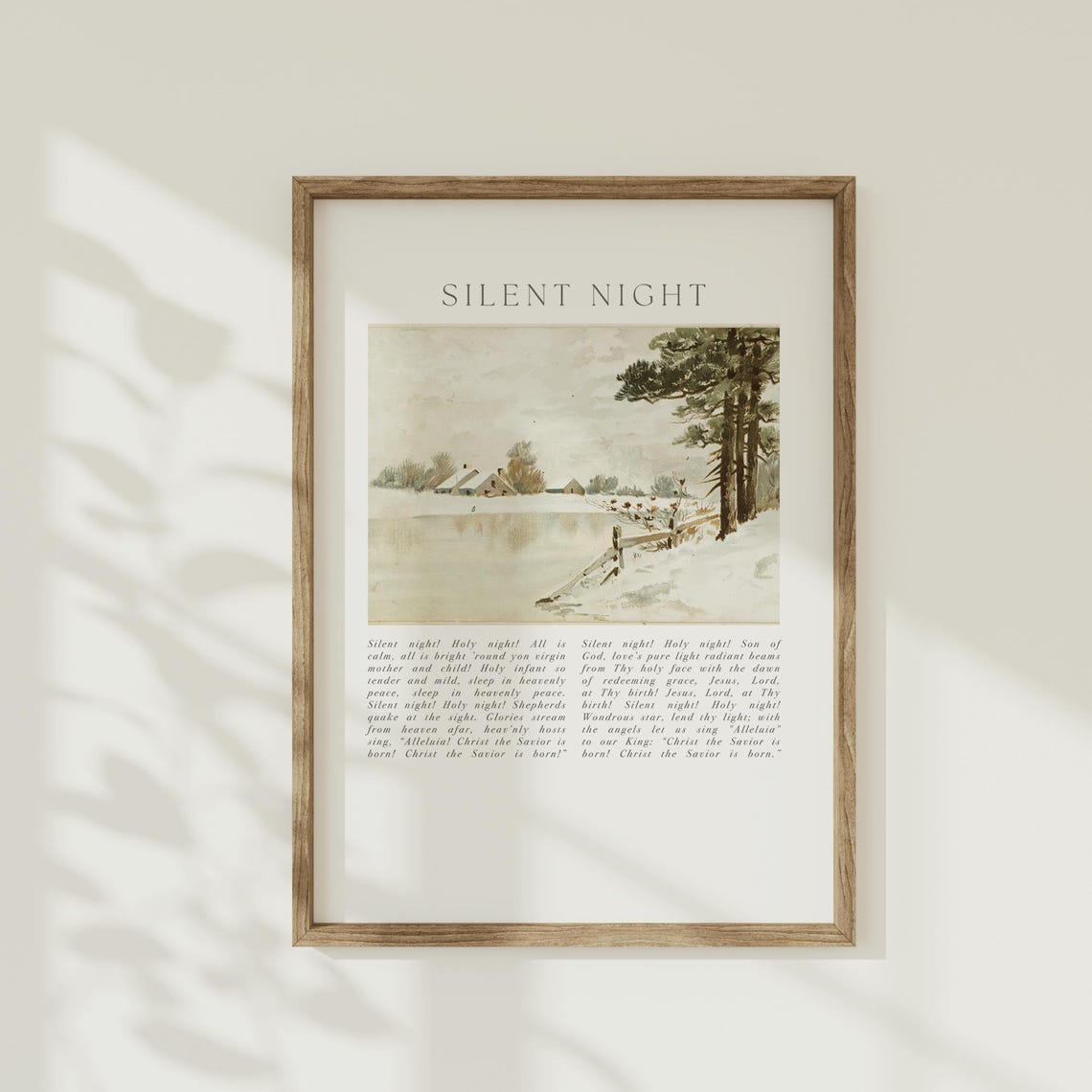 Silent Night Vintage Christmas Wall Art Winter Snow Landscape Farmhouse Worship Song Poster Christian Hymn Lyric Religious Faith Gift