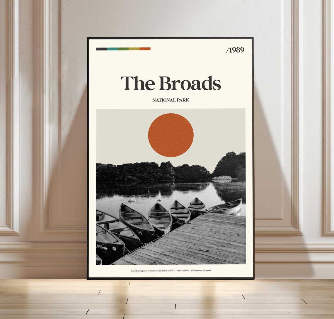 The Broads National Park Canoes at Wooden Dock Boho Travel Poster