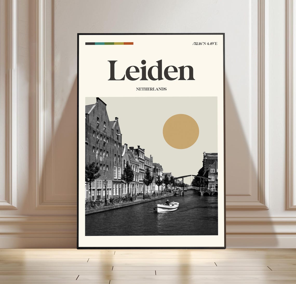 Leiden Netherlands Canal Minimalist Travel Poster with Mustard Sun Art