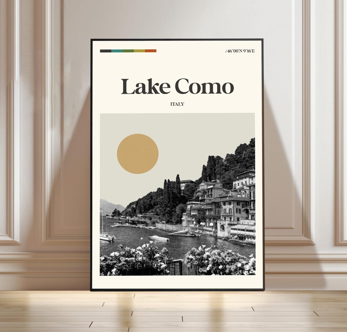 Lake Como Italy Mid Century Lakeside Town Landscape Travel Poster