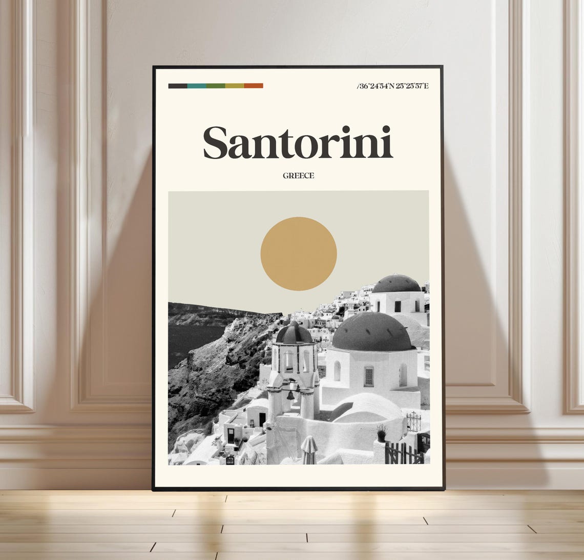 Santorini Greece Church Domes Under Sun Minimalist Travel Poster