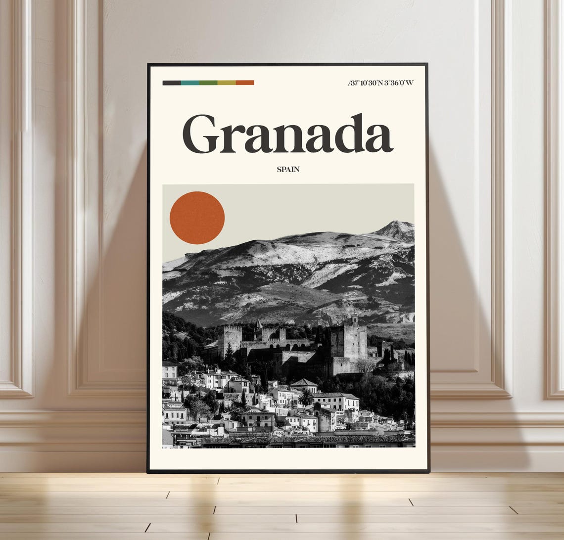 Granada Spain Vintage Black and White Alhambra Mountain Poster