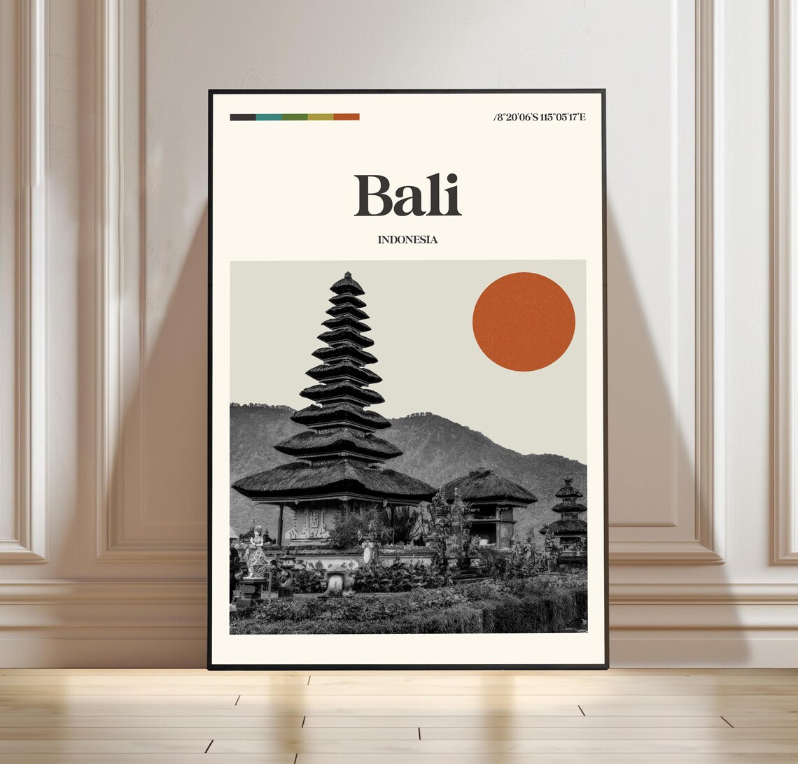 Bali Indonesia Temple Pagoda Retro Travel Poster Tropical Art