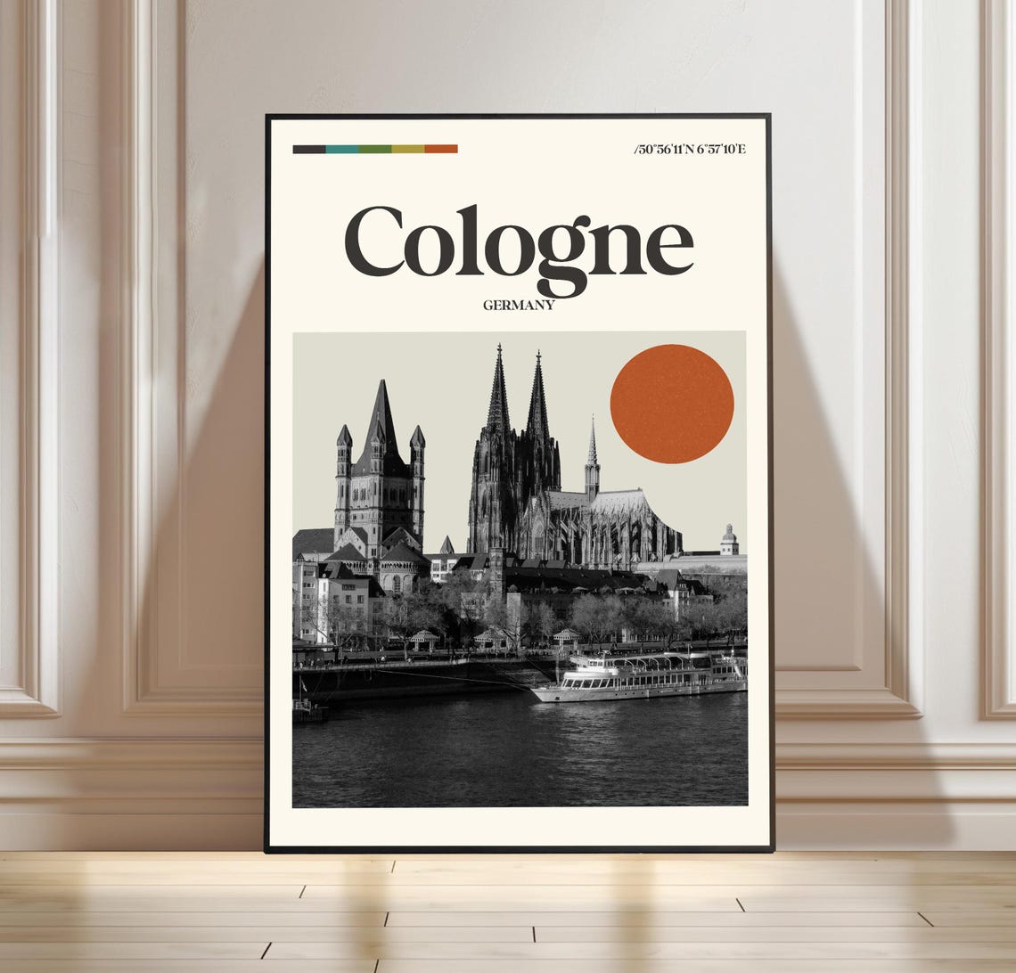 Cologne Germany Vintage Black and White Cathedral River Poster