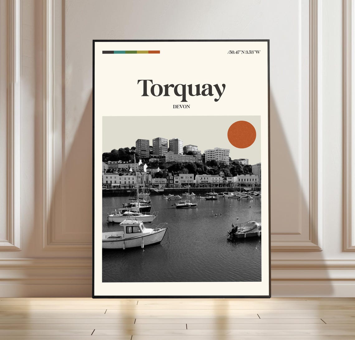 Torquay Devon Travel Poster Harbor Boats English Riviera Scene