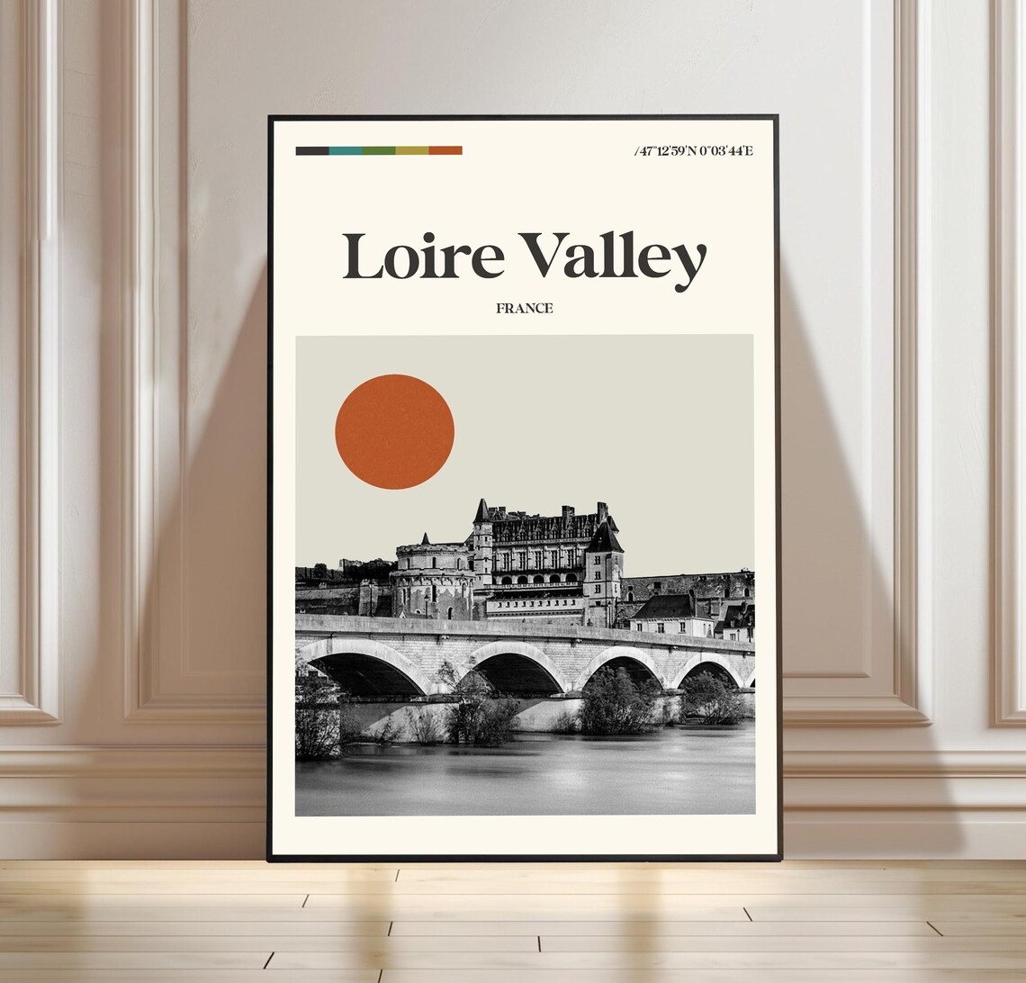 Loire Valley France Chateau Minimalist Travel Poster with Red Sun Art