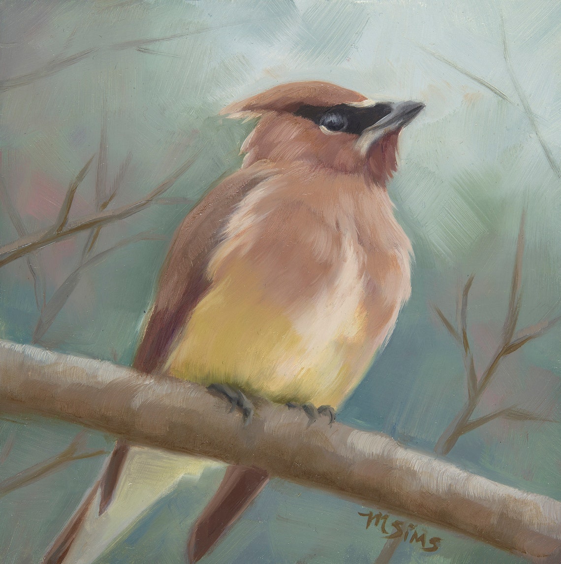 Cedar Waxwing Perched on a Tree Branch Oil Painting Bird Poster